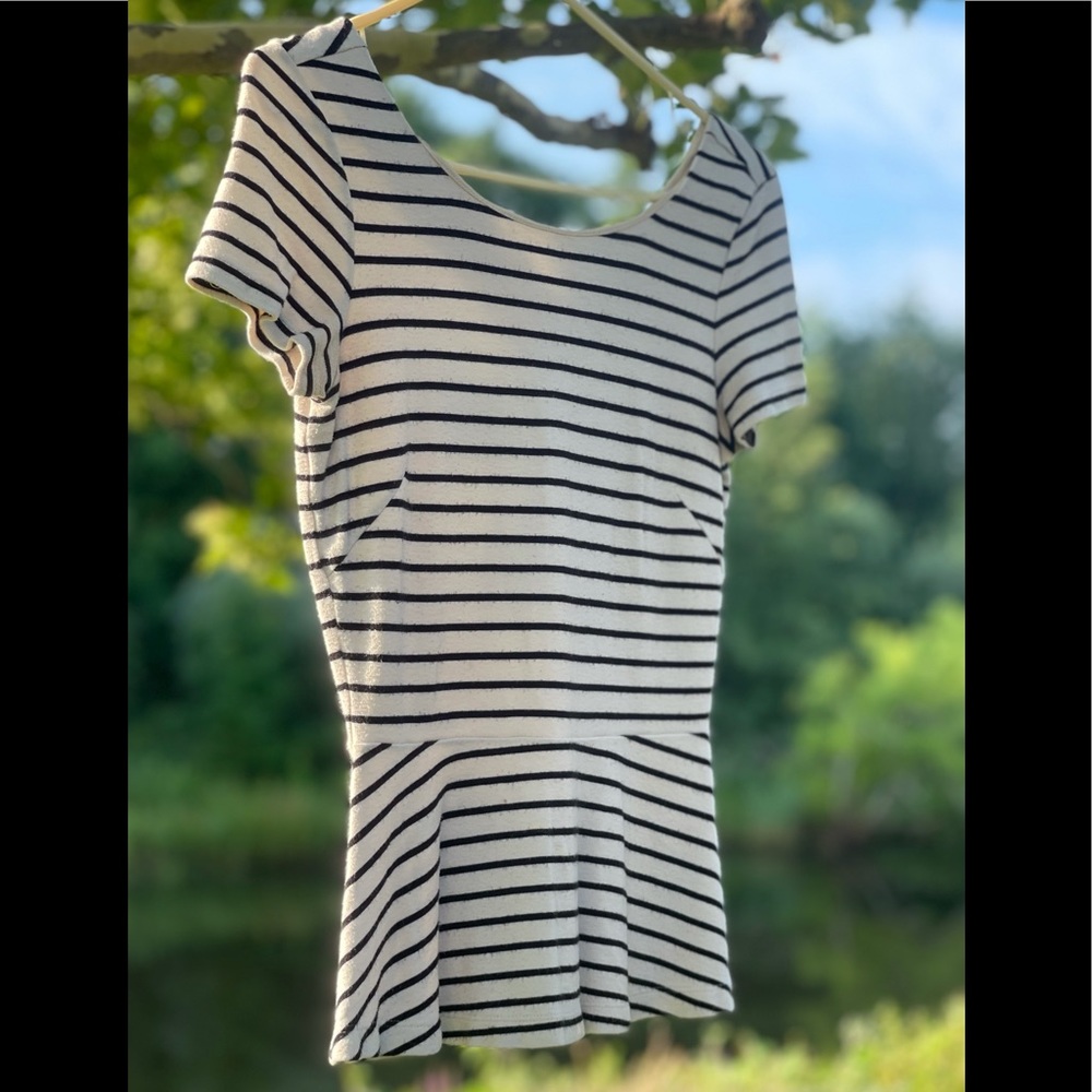 X SOLD X  J. Crew | Black Striped Peplum Top | Size 0P (XXS/XS) | Very Petite - Picture 7 of 17